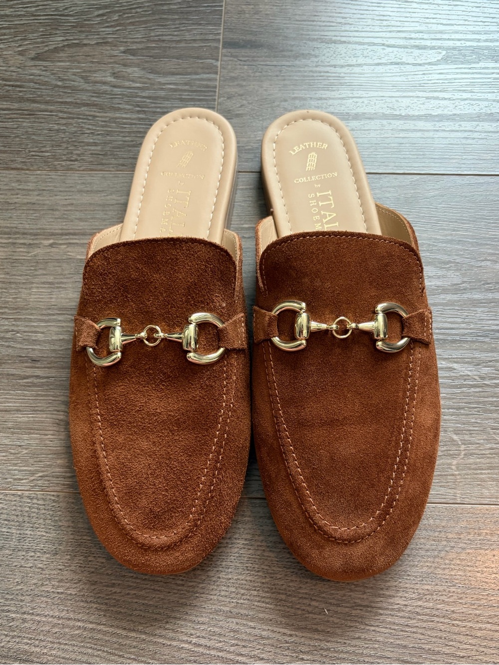 Italian Shoemakers Brown Suede Mule Loafers with Gold Horsebit Detail Size 8.5